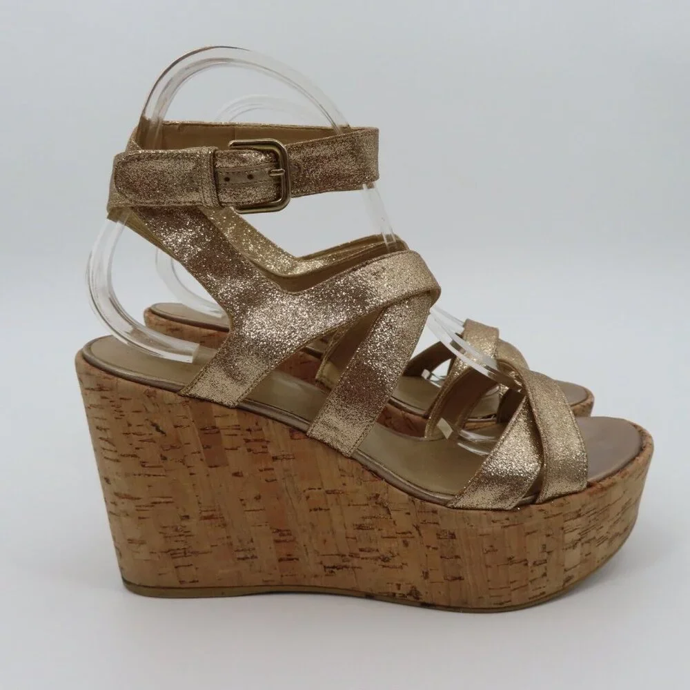 Stuart Weitzman Women 9M Gold Glitter Cork Platform Wedge Sandals Strappy Shoes - Picture 7 of 13